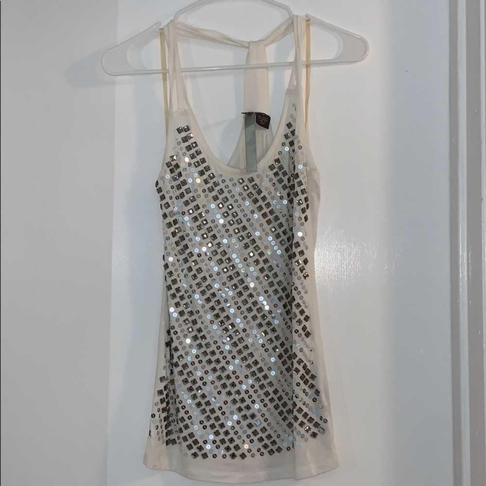 Wilster white sequin sparkle going out top, disco sparkle 70s party, medium